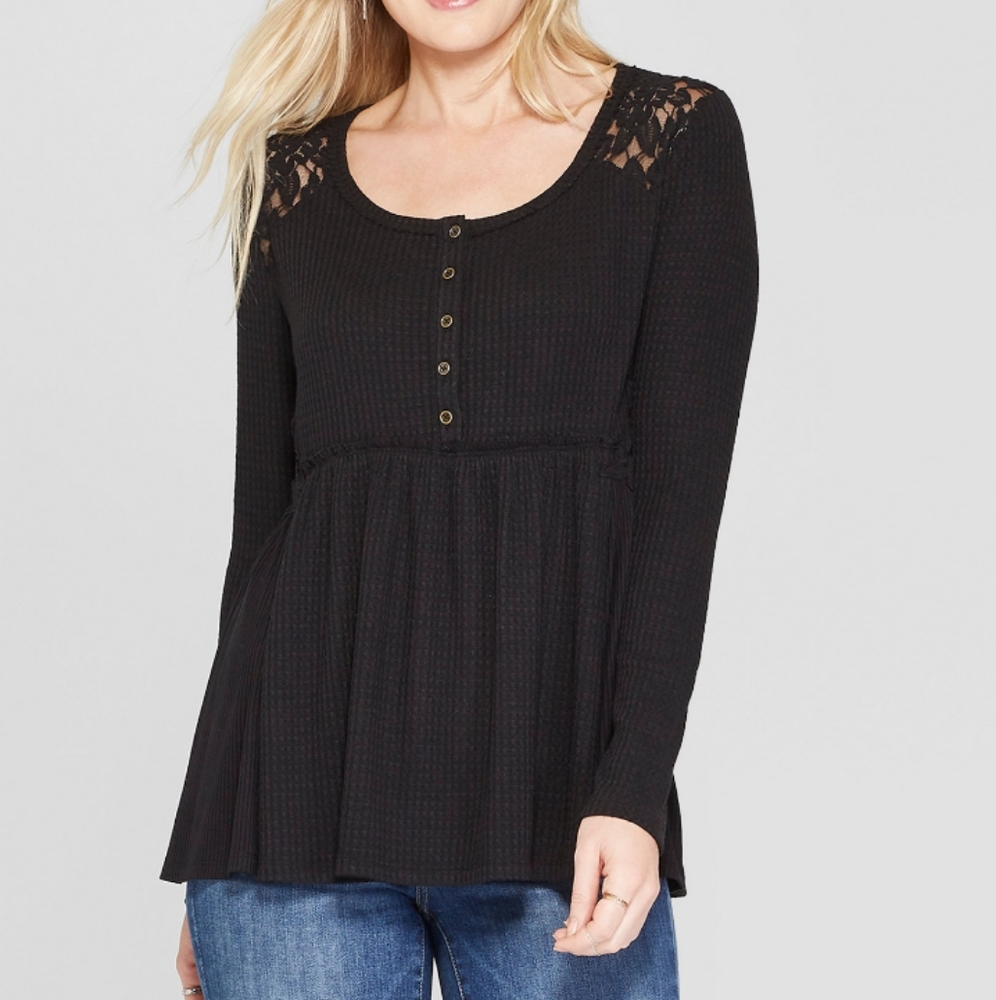 Knox Rose Black Waffle peplum Blouse Lace sz XS